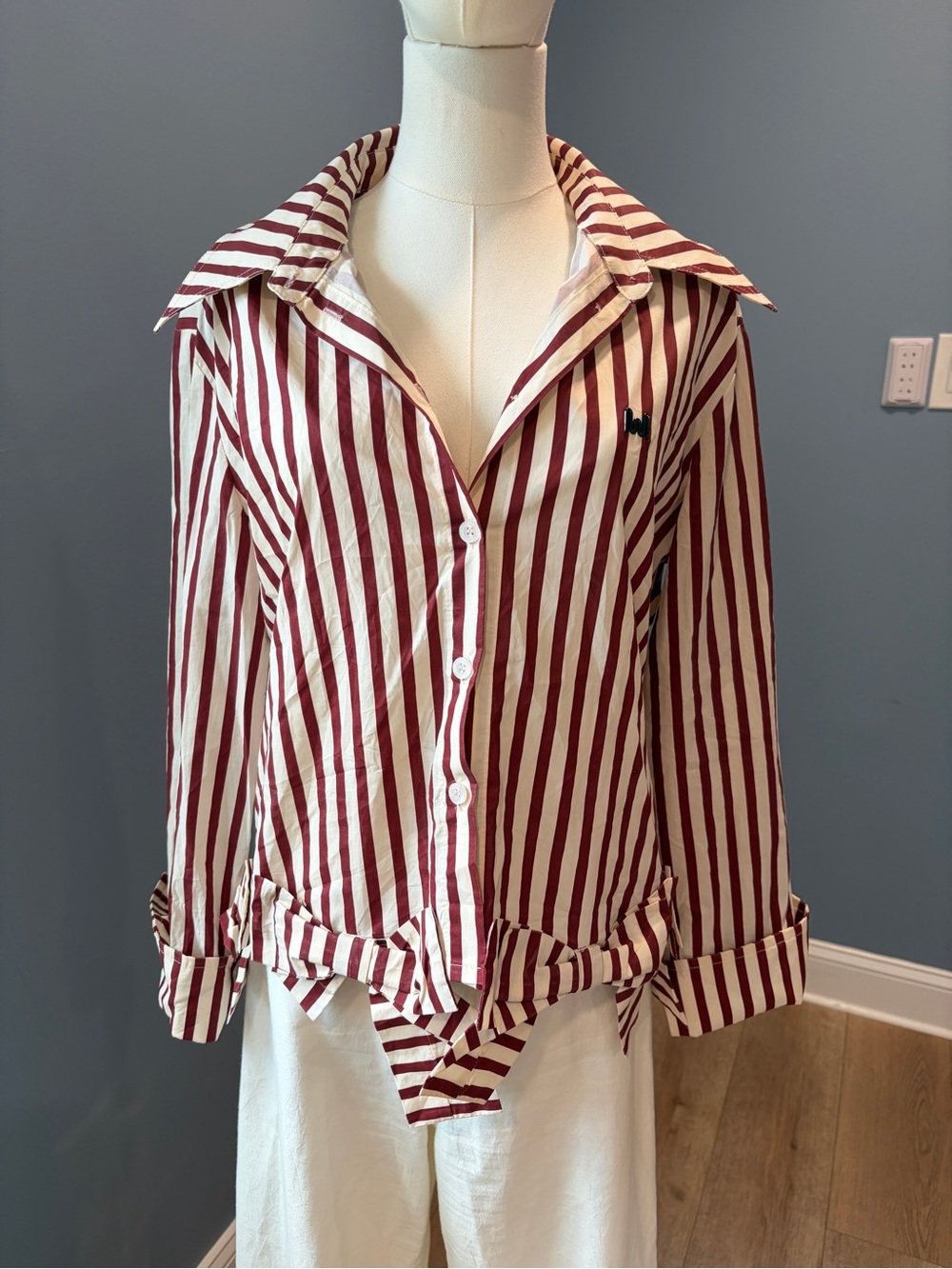 Revolve MILKWHITE Burgundy & Cream Striped Bow Button-Up Shirt Size S